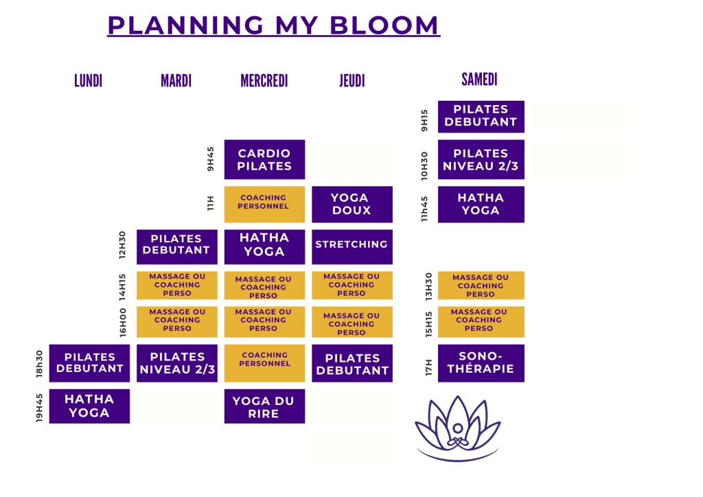 planning des créneaux de cours et massage du studio My Bloom à Cysoing en Pévèle